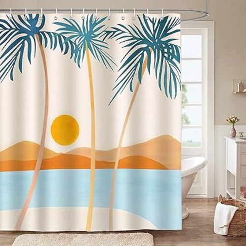 Bonhause Tropical Beach Shower Curtain, Hawaiian Palm Tree Mid Century Boho Bathroom Curtain 72x72 Inch Polyester Fabric Waterproof Bath Curtain with 12 Hooks