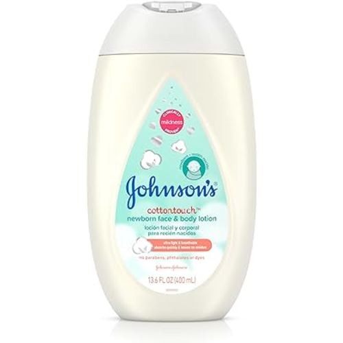 Johnson's CottonTouch Newborn Baby Face and Body Lotion, Hypoallergenic Moisturization for Baby's Skin, Made with Real Cotton, Paraben-Free, Dye-Free, 13.6 fl. oz