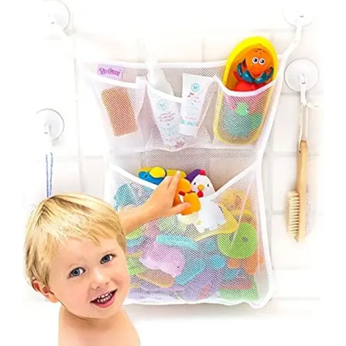 Original Tub Cubby Bath Toy Storage Organizer - 14"x20" Mesh Shower Caddy With Suction Cup & Adhesive Hooks, Toy Storage Net Organizer for Kids Bathroom Decor, Bedroom & More - with Extra Hooks