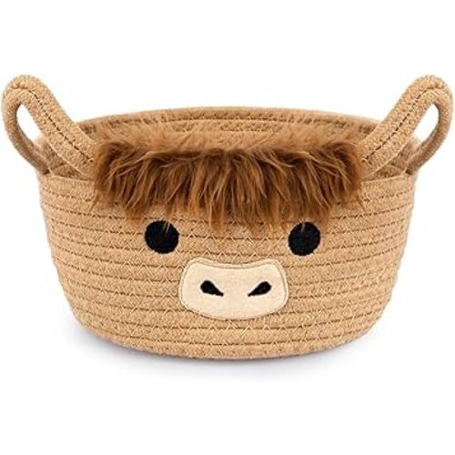 Highland Cute Cow Basket for Nursery, Small Shower Gift Basket, Round Woven Rope Cotton Storage, Baby Blanket 0rganizer with Ears Handles, Blanket Towel Decor Storage Bins, 10.7"D x 4.4"H in