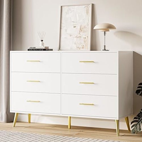 MAISONARIA White Dresser for Bedroom, 6 Drawer Dresser with Gold Metal Handles & Metal Legs, Wood Chests of Drawers for Bedroom