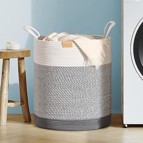 80L Laundry Hamper Basket,Baby Nursery Woven Storage Basket for Toys Bin,Pillows,Blankets,Clothes,Grey&White