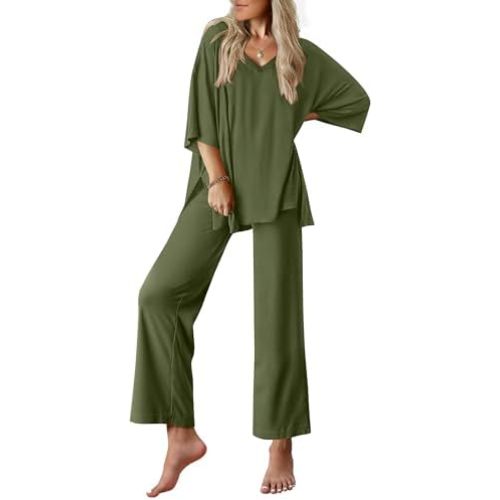 Ekouaer Lounge Sets for Women Pajamas Set Short Sleeve Tops and Long Pants Soft 2 Piece Outfits with Pockets S-XXL