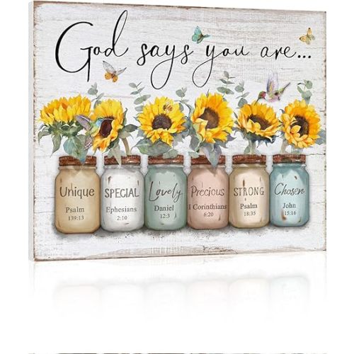 Inspirational Bible Verse Wall Art: God Says You Are Wall Sayings Sunflower in Mason Jar Picture Print Christian Gift Quotes Poster for Women Girl Bedroom Decor 12" x 15"