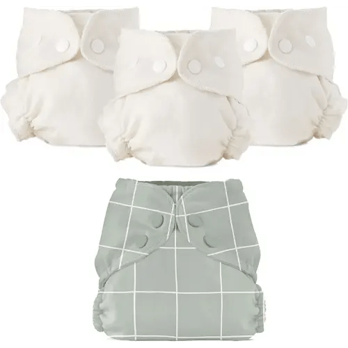 Esembly Cloth Diaper Bundle Set, 3 Organic Absorbent Inners and 1 Waterproof Recycled Diaper Cover, Reusable Washable Diapers with Snap Closure, Size 1 (7-17lbs), Lattice