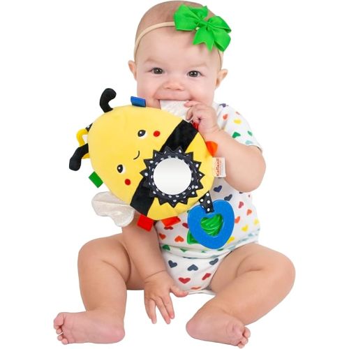 Squish 'N Play Bee Activity Toy - Multi-Sensory Learning Baby Toy - Stroller, Car Seat, Tummy Time, Teether - Baby Gift with Mirror, Rattle & Taggies