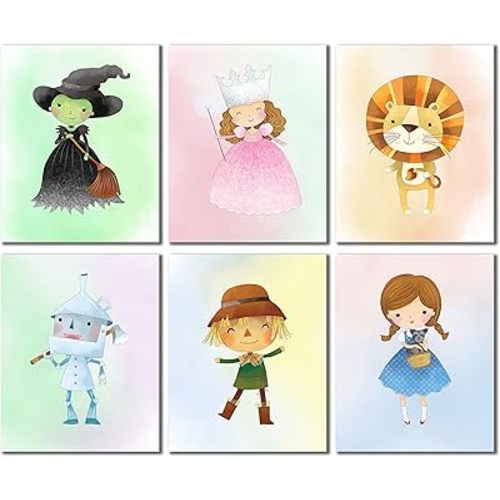 Wizard Of OZ Prints - Set Of 6 Kids Bedroom Nursery Wall Art Decor (8 Inches X 10 Inches) Photos Dorthy Tinman Scarecrow Lion Wicked Witch Glinda Good Witch