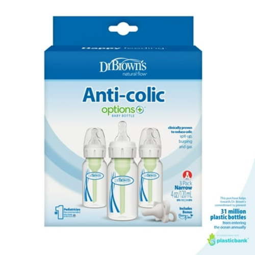Dr. Brown’s Natural Flow Anti-Colic Options+ Narrow Baby Bottle, 4oz, Slow Flow, 0m+, 3 Pack