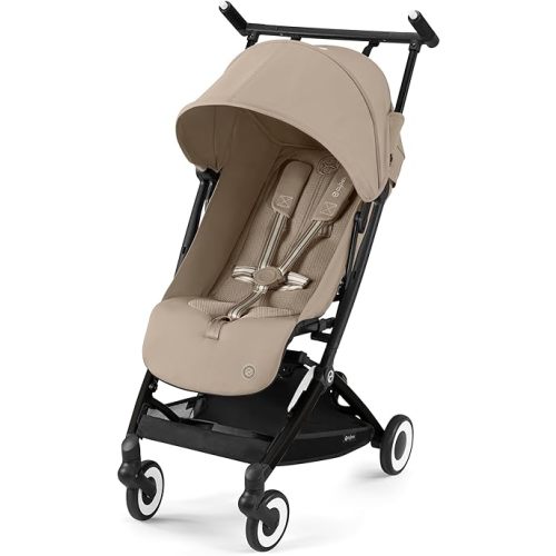 CYBEX Libelle Travel Stroller - Carry-On Compliant, Ultra-Compact & Lightweight (13.7 lbs), Easy & Compact Fold, One-Pull Harness, Adjustable Recline, Travel System Ready – Almond Beige/Black Frame