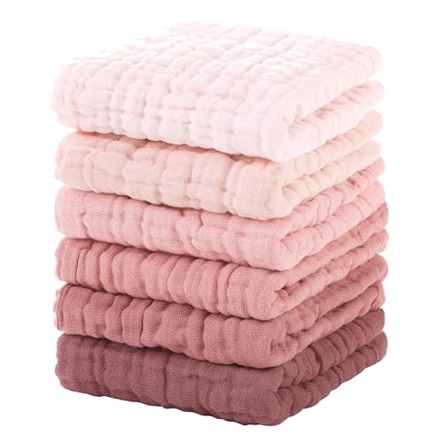 Unnivoll Muslin Baby Washcloths 6 Pack, 100% Cotton Wash Cloths for Babies, Large 12''X12'' Burp Cloths Absorbent and Soft for Newborn Infants Kids Boys Girls - Gradient Pink