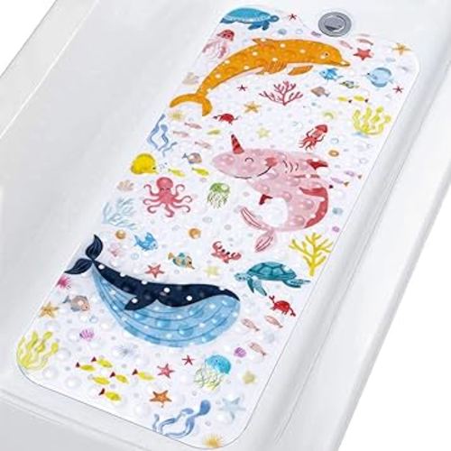 Topotdor Baby Bath Mat for Tub for Kids, 40 X 16 Inch Extra Long Toddler Bathtub Mat Non Slip, Machine Washable Bathroom Shower Floor Mat with Suction Cups & Drain Holes, Sea Animal