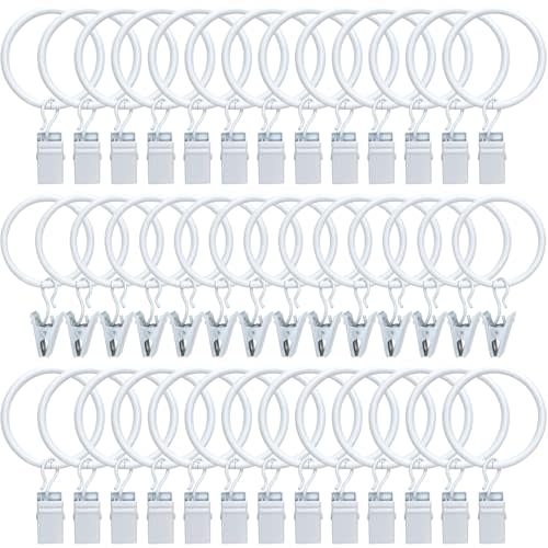 40 Pack Metal Curtain Rings with Clips,Decorative Drapery Rustproof Vintage 1.26 Inch Interior Diameter,Curtain Hangers Clips, Drapery Clips with Rings,White