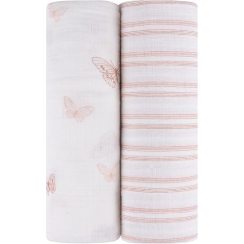 Ely's & Co. Muslin Swaddle Blankets 2-Pack for Baby Girl, 100% Cotton Muslin Extra Large Swaddle Receiving Blankets, 47”x47” (Pink Butterflies + Stripes)