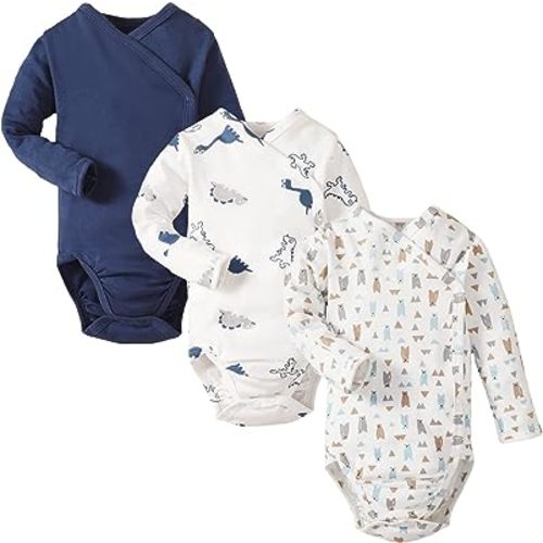 DEFAHN Baby Side Snap Bodysuit Kimono Onsies Newborn Boy Girl 3-Pack 100% Cotton Basic Pattern Kimono Bodysuits