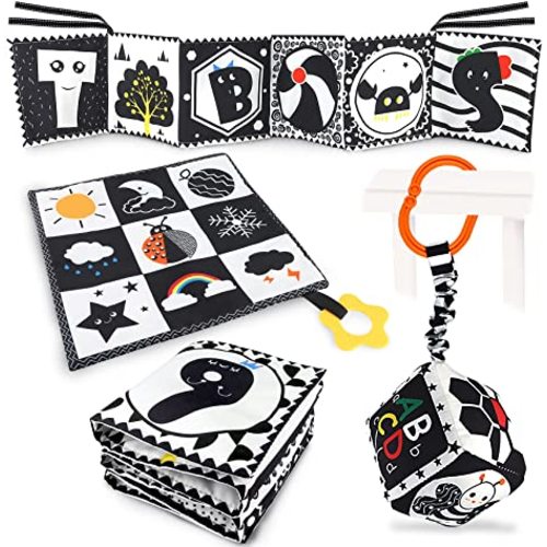 KUANGO 3 PCS Black and White High Contrast Baby Toys 0-3 Months for Newborn, Montessori Toys for Babies Sensory Soft Book for Early Education, Infant Tummy Time Toys 0 6 9 Months Baby Gifts