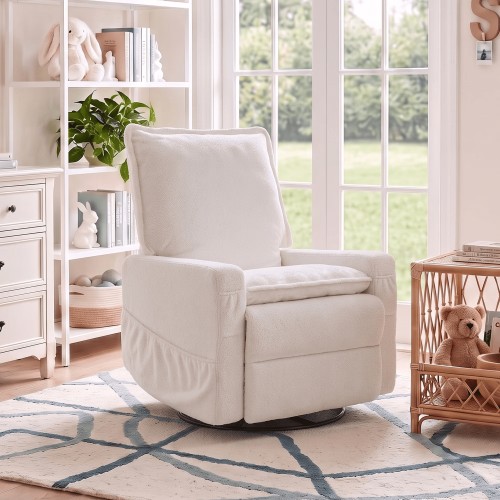 GASEE Baby Upholstered Glider Recliner Rocking Chair 360° Swivel for Nursery and Living Room – Teddy Fleece White