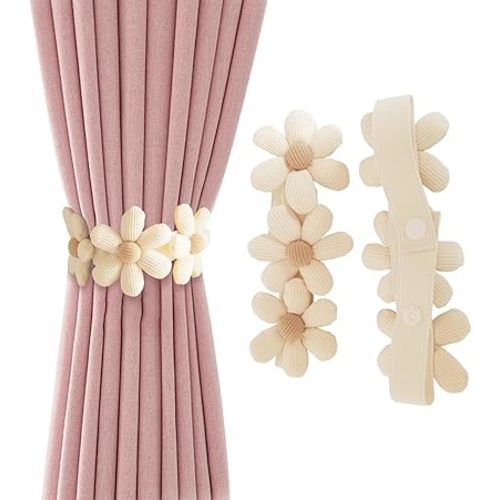 2 Pcs Flower Curtain Tiebacks Simplicity Curtain Ties with Buttons,Decorative Curtain Tie Backs for Curtains Bedroom Window (Beige)