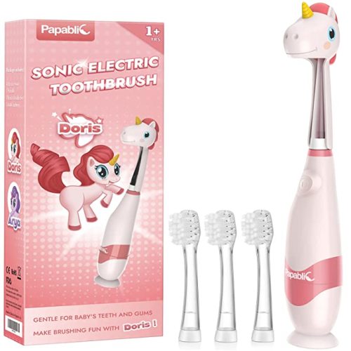 Papablic Toddler Sonic Electric Toothbrush for Ages 1-3 Years, Baby Electric Toothbrush with Cute Unicorn Cover and Smart LED Timer, 4 Brush Heads (Doris) - 4 Brush Heads Doris