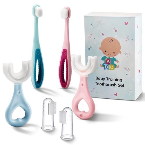 6 in 1 Baby Training Toothbrush Set - Infant to Toddler Toothbrush Oral Care Toothbrush - Food Grade Silicone,Extra Soft Bristles,Perfect for 6+,12+,24+ Months