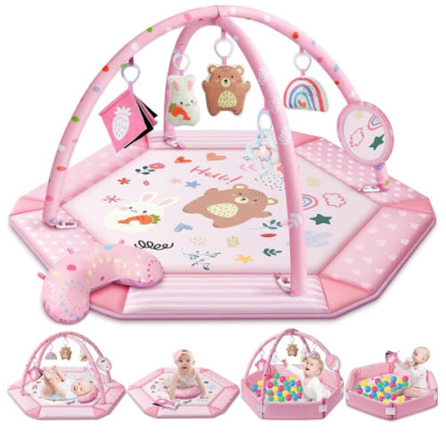 Baby Gym Play Mat, 8-in-1 Tummy Time Mat & Ball Pit with 6 Toys, Washable Baby Activity Mat for Visual, Hearing, Sensory, Motor Development, Babies Gift for Newborn Infant 0-3-6-9-12 Months (Pink)