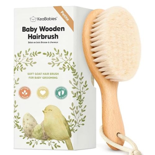 Wooden Baby Hair Brush for Toddler, Infant Cradle Cap (Walnut, Petite) | Soft Goat Bristles Brush for Newborn Girl, Boy Hair, Scalp, Styling, Gentle Grooming, Baby Comb, Baby Bath Essentials