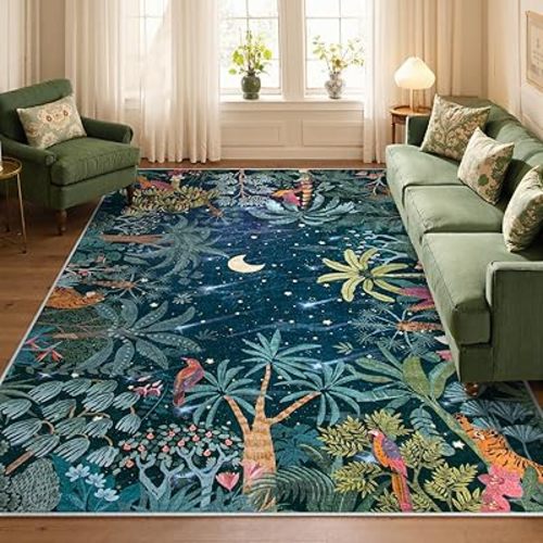 Lahome Midnight Jungle Green Rug, Washable Rugs 5x7 for Bedroom Aesthetic, Soft Large Office Area Rug Botanical Stain Resistant Non Slip Dining Room Carpet for Under Table Living Room