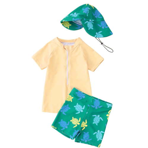 Boys Swimsuit Toddler Baby Boys Coconut Tree Turtle Print Swimsuit with Rash Guard Hat Quick Dry Sun Protection Swimsuit Toddler Swimsuit Yellow 0 Months-6 Months
