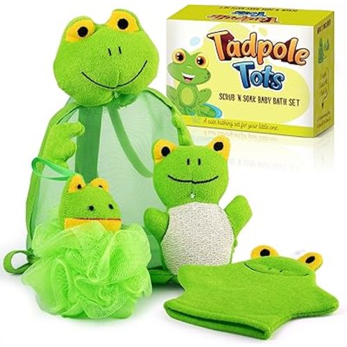 Baby Loofah Bathing Set for Kids Body Scrubber Cute Cartoon Loofah Baby Bath Scrubber for Children to Shower Wash Exfoliate, Green Frog Included
