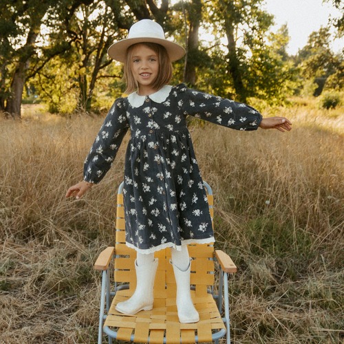 Organic Corduroy Collared Button Dress - Navy Bloom