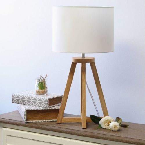 Natural Wood Interlocked Triangular Table Lamp with Fabric Shade Off-White - Simple Designs: Modern Accent for Bedroom or Office