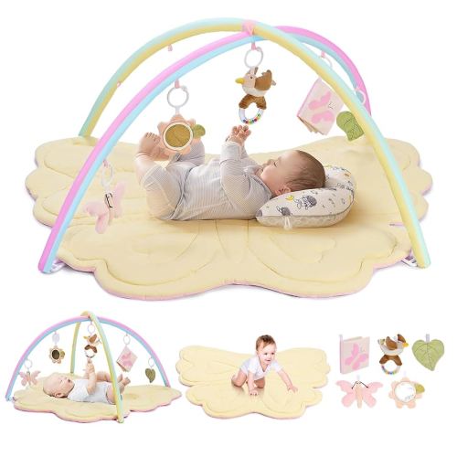 2PM SPORTS Pink Butterfly Theme Baby Play Mat, Tummy Time Play Mat for Infant Newborn, Baby Play Gyms & Playmats for Girl 0-6 6-12 Months, Activity Gym 5 Detachable Toys,Gimnasio para Bebes 0-12 Meses