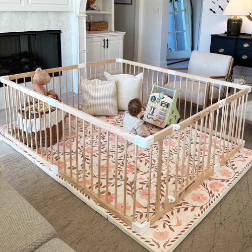 "HARPPA Wooden Baby Playpen, Adjustable Safe Kids Fence with Secure Lock, 60""x71.5""x24"