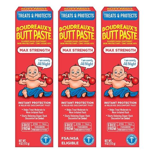 Boudreaux’s Butt Paste Max Strength Diaper Rash Cream for Baby, Ointment With Zinc Oxide, 4 oz Tubes, 3 Pack