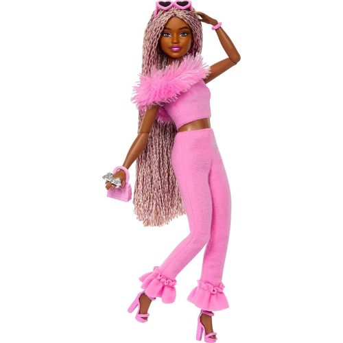 Barbie Deluxe Style Doll #4 in Barbiecore Outfit, Pink and Brown Braids, Soft Pink Top and Pant Set with Furry Collar and Fun Accessories