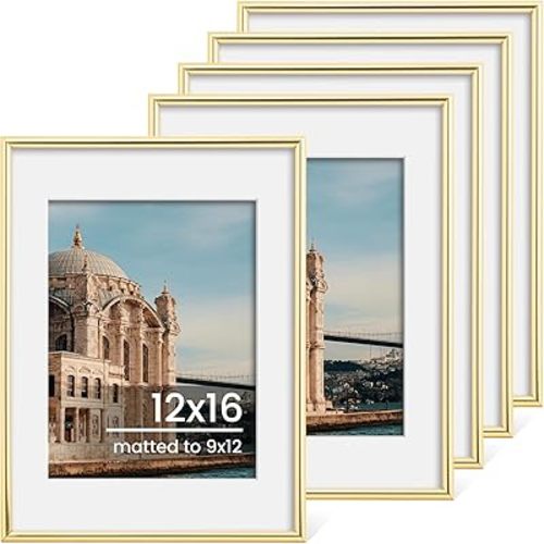 12x16 Picture Frame Set of 5, Display Pictures 9x12 with Mat or 12x16 Photos Without Mat 12 by 16 Picture Frames Collage Wall Decor, Gold