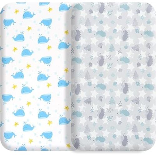 Bassinet Bed Sheet Set 2 Pcs Fits Rectangle Oval Halo Hourglass Mattress Stretch Bassinet Bed Sheet Soft and Comfy (Deer Park) (Whale & Hedgehog)