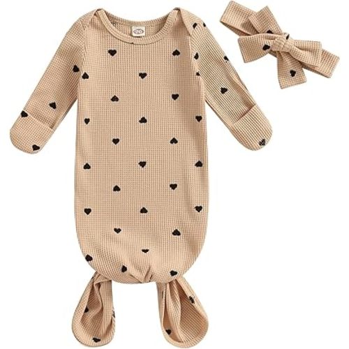 DuAnyozu Knotted Gown Baby Newborn Sleeping Bag Heart Print Sleep Sack Infant Girl Sleeper Valentines Pjs Set with Headband (Khaki, 0-3 Months)