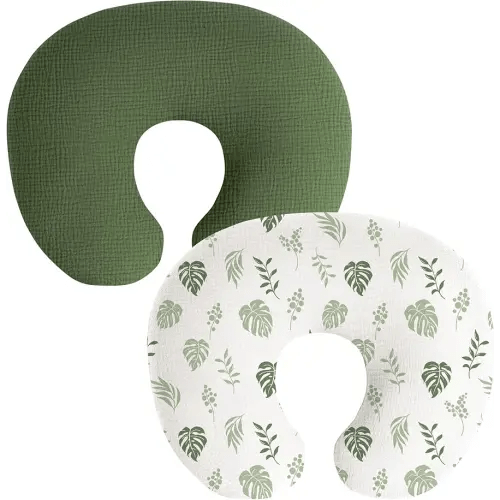 Muslin Nursing Pillow Covers, 2 Pack, Soft & Adorable Slipcovers with Zipper Closure, 100% Cotton Covers for Breastfeeding Pillows (Leaf, Green)