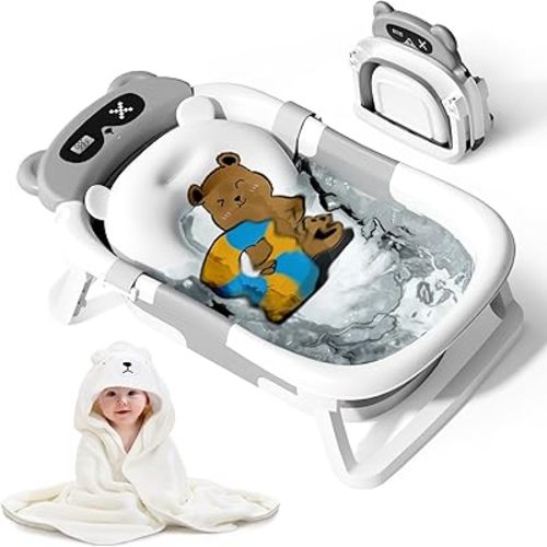 Kerbwry Baby Bathtub for Newborn to Toddler, Baby Bath Tub with Soft Towel and Floating Cushion, Baignoire Pour Bébé, Shower Essentials for Newborn (0-18 Months) Grey