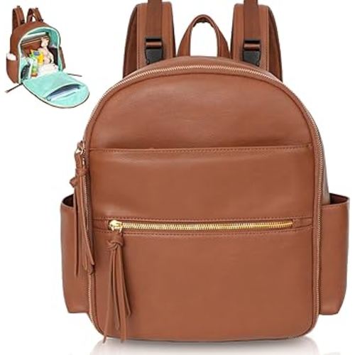 MOMINSIDE Small Diaper Bag Backpack, Mini Diaper Bag with 11 Pockets, Leather diaper backpack, Baby Diaper Bag for Baby Girls, 2 Insulated Pockets, Stroller Straps (Brown)