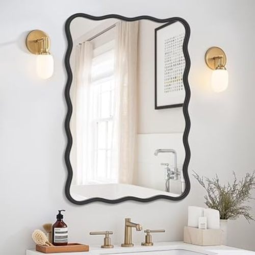 PROHOMEWARE 20 * 28" Black Wavy Rectangular Vanity Bathroom Mirror for Wall Mounted Bedroom Entryway Living Room Farmhouse (Black)