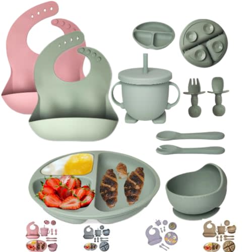 Mutualproducts - Baby Feeding Set 10-Piece | Baby Led Weaning Utensils Set Includes Suction Bowl and Plate, Baby Spoon and Fork, Sippy Cup, Straw, Lid & 2Bibs | Baby Feeding Supplies (Army Green)