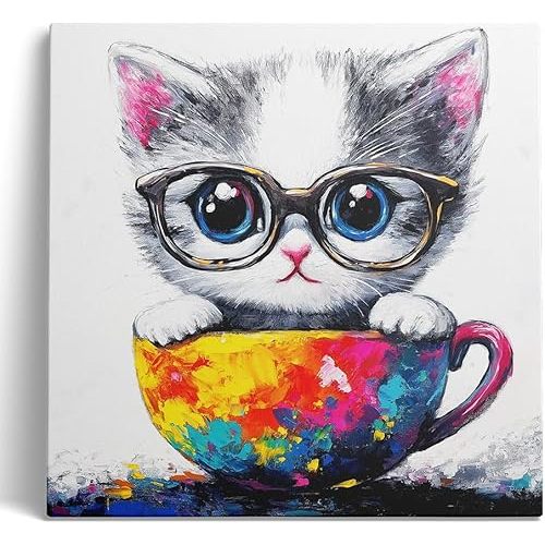 Ypxzzj Cute Kitten in a Teacup Canvas Wall Art, Animal Cat Picture Prints Wall Art, Cute Animal Poster Cat with Glasses Wall Art for Livingroom Bedroom Nursery Room Home Decor Framed Ready to Hang