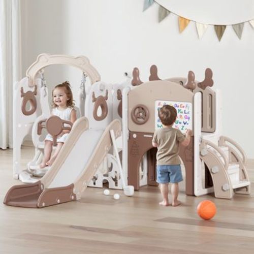 12-in-1 Toddler Slide Playset – Indoor & Outdoor Kids Slide with Basketball Hoop, Golf & Drawing Board (Beige & Rosy Brown, 54×62×39 in)