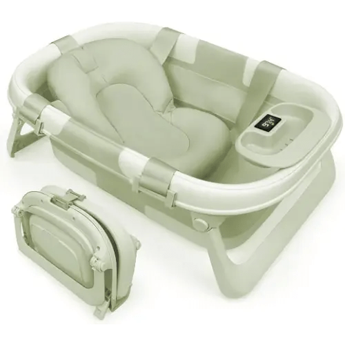 Jool Baby Foldable Baby Bathtub – Portable for Travel – Thermometer (Sage) | Grows With Baby Through Every Stage - Folds Flat for Compact Storage – Perfect for Apartments & Families On the Go