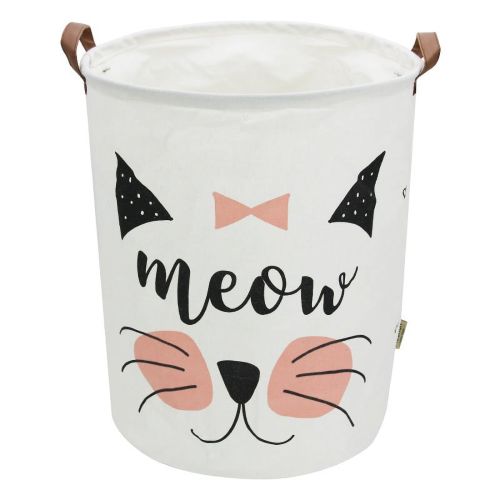 AUCHEN Pink Baby Laundry Basket, Cute Laundry Hamper with Handles Waterproof Round Cotton Linen Laundry Hamper Household Organizer Basket for Baby Girl Boy Bedroom Bathroom - Pink Cat