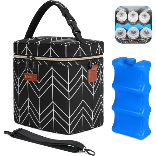 Mancro Breastmilk Cooler Bag, Insulated with Ice Pack, Fits 6 Baby Bottles Up to 9 Oz with On-The-Go Strap, Perfect for Nursing Moms and Daycare, Black Wave