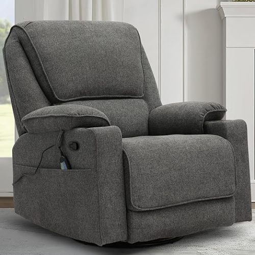 Swivel Glider Recliner Chair for Adults,Manual Recliner with Massage and Heat, Linen Cotton Fabric Ergonomic Lounge Chair with Cup Holder for Living Room, Bedroom, Nursery, Dark Grey
