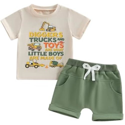 Toddler Baby Boy Clothes Summer Short Sleeve Trucks Tractors Print T-Shirt Tops Solid Color Shorts Set Casual Outfit