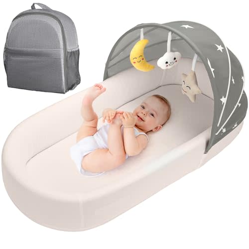 BNAKKON Travel Bassinet Portable Baby Bassinet, Baby Lounger for Newborn, Infant and Toddler, Suitable for Indoor & Outdoor Carrying, Mini Cribs Co Sleeper for Baby in Bed, Foldable Washable, Grey